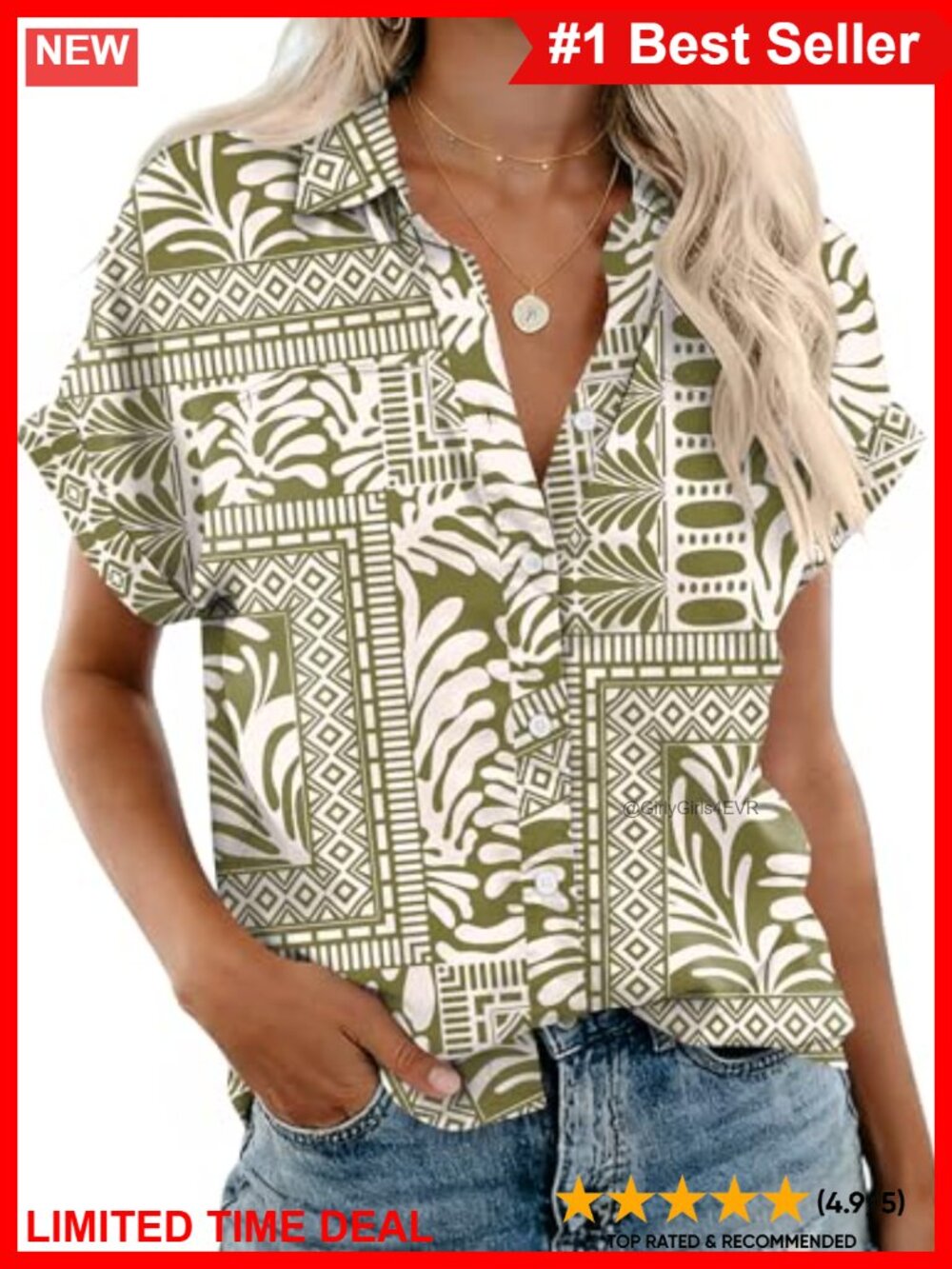 Women's Button Down Shirt Short Sleeve V-Neck Collared Blouse